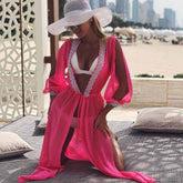 Long sleeve lace split perspective lace up blouse for women